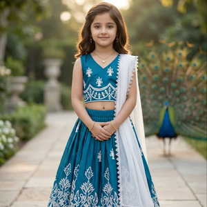 Shoryam Fashion Girls Teal Embroidered Lehenga Choli Kids Traditional Ethnic Wear Crop <b>Top</b> Skirt <b>Festive</b> Wedding Party Dress Set - Product Image 1