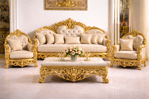 Juego de Sofás Clásico Maharaja Palace con Tapicería, Muebles de Sala de Estar Tallados a Mano de Lujo, Opulento Juego de Sofás Tapizados en Dorado, Australia - Product Image 5