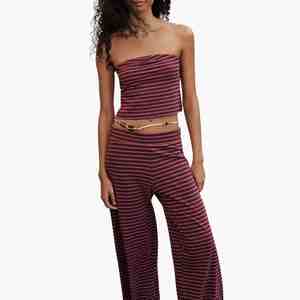 High Quality Sleeveless Top Wide Leg Pants Casual Loose Fit Women Striped Two-Piece <b>Set</b> Spring Summer Knitted Cotton Spandex <b>Set</b> - Product Image 3