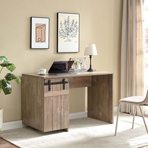 Scrivania per Home Office 92205 Hazelnut con un mobiletto, tre ripiani, anta scorrevole effetto fienile su cerniere metalliche Euro, pannello decorativo, scrivania per computer - Product Image 1