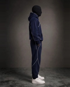 Men's Navy Sweat Suit Pullover Hoodie & Jogger Pants Midweight Contrast Piping Logo Front Custom Streetwear Loose Fit 2XL-6XL - Product Image 5