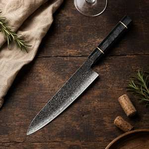Cuchillo de Chef de Acero de Damasco de 8 Pulgadas con Punta Caída y Borde Biselado, Mango de Micarta, Cuchillo de Cocina - Product Image 5