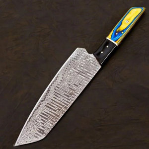 Damascus Steel Knife With Yellow Blue Handle And <b>Black</b> Sheath - Product Image 3
