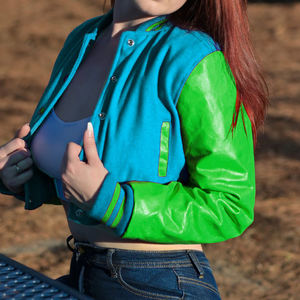 Chaqueta Corta Estilo Universitaria para Mujer, Azul Verde, Estilo Bomber, Mangas de Cuero Sintético, Ropa Exterior Informal, Moda Femenina - Product Image 4