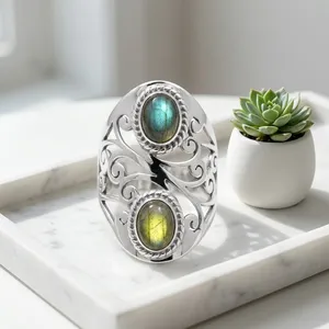 Anillo de Plata de Ley 925 con Labradorita, Hecho a Mano, con Doble Piedra, Estilo Vintage, Joyería de Filigrana para Mujer - Product Image 3