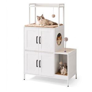 Villa moderne pour chat en bois blanc avec armoires de rangement et éléments ludiques pour chats d'intérieur - Product Image 1
