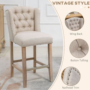 Set of 2 Counter Height Bar <b>Stools</b> 27\" Inch <b>with</b> Chrome Base Beige Tufted <b>Back</b> and Wood Legs Nailhead Trim - Product Image 4