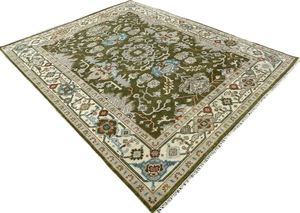 Tapis persan Oushak en laine/soie noué à la main de qualité supérieure |   Tapis moderne abstrait vert olive beige fait main, adapté aux animaux domestiques, antidérapant, à poils ras 1 - Product Image 4