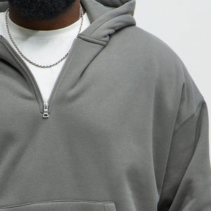 420 Grams Men's Grey Half-<b>Zip</b> <b>Hooded</b> Sweatshirt with Front Pocket Loose Fit Casual Pullover Ribbed Cuffs and Hem - Product Image 3