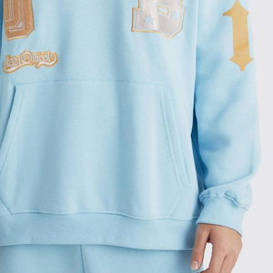 Ensemble de survêtement bleu clair à capuche avec lettres et patchs brodés, unisexe, décontracté, pantalon de survêtement et sweat-shirt pleine longueur, 100 % coton - Product Image 6