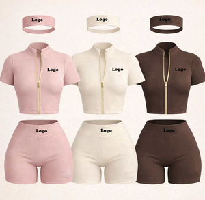 2026 Summer 3 Piece Shorts Set Clothes Women Custom <b>Workout</b> Sets Zip up Short Sleeve <b>Jacket</b> and Shorts Tracksuit for Women - Product Image 3