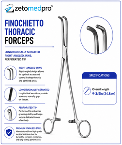 Pinzas Toracoscópicas FINOCHIETTO con Mordazas Longitudinalmente Dentadas en Ángulo Recto, Punta Perforada, 9-3/4in (24.8cm) de Longitud Total, ZETOMEDPRO - Product Image 2