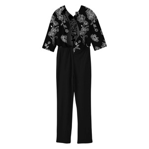 Women Black Floral Print Jumpsuit With Three Quarter Sleeves And Drawstring Waist Hospital <b>Uniform</b> <b>Scrub</b> Top With Full Back Zip - Product Image 4