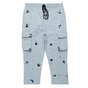 Pantalon évasé gris clair pour homme avec imprimé éclaboussures noires, plusieurs poches, taille à cordon, style décontracté, 100% coton respirant - Product Image 5