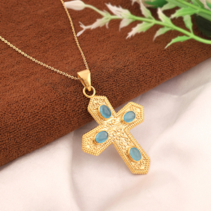 Collar con colgante de cruz religiosa, multicolor, con piedras preciosas ovaladas, diseño de diseñador, latón macizo, chapado en oro de 18k, collares de moda para mujer - Product Image 2