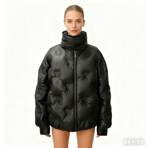 Veste d'hiver en duvet personnalisée en cuir PU gaufré, à capuche, pour femme, fermeture éclair, décontractée, chaude - Product Image 6