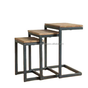 Juego de 3 Mesas de Centro Apilables de Madera de Mango, Estilo Moderno y Minimalista, Madera Sólida para Sala de Estar, Diseño de Madera de Teca - Product Image 1