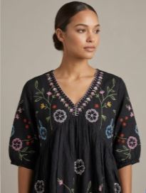 Black Floral Embroidered V-Neck Midi Dress <b>Three</b> Quarter Sleeve Boho Loose Fit Cotton Woven Summer Casual Dress - Product Image 3