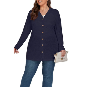 Cardigan en tricot à col en V pour femme, avec logo personnalisé, épais, à manches longues, couleur unie, boutonné sur le devant, décontracté, longueur intégrale, grande taille - Product Image 1