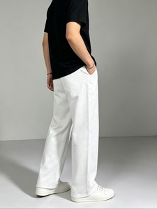 Men's <b>White</b> Cotton Casual Pants Wide Leg Straight Fit Mid Waist Drawstring Closure Lightweight Oxford Fabric Summer Wear - Product Image 2