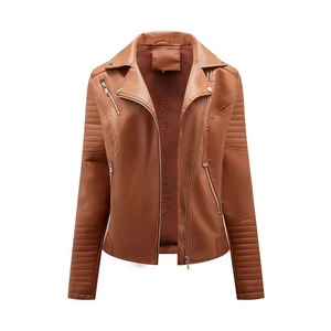 <b>Womens</b> Sheepskin <b>Leather</b> Biker <b>Jacket</b> Wholesale Stand Collar High Street Style Ladies Custom Brand <b>Long</b> Sleeve Winter Moto - Product Image 2