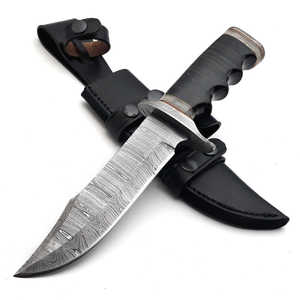 Couteau de chasse Bowie DIY OEM avec acier Damas et manche en bois et étui en cuir - Couteau de chasse d'extérieur - Product Image 1