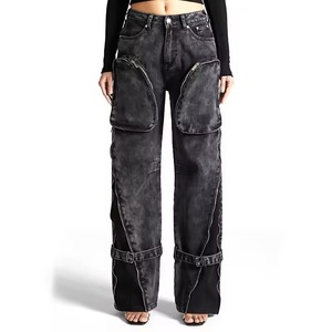 Pantalones Cargo de Mezclilla para Mujer, Cintura Alta, Ecológicos, Transpirables, con Cremalleras y Aberturas, Corte Regular, Largos - Product Image 1