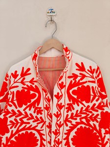 White Cotton Quilted Jacket with Orange Hand Embroidered Suzani Design Floral Folk Art <b>Boho</b> Style Handmade Ethnic Breathable - Product Image 4