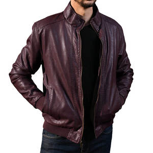 Blouson Bomber en Cuir PU Bordeaux pour Homme, Style Moto Biker, Col Montant, Fermeture Éclair, Coupe Classique, Idéal pour l'Automne - Product Image 1
