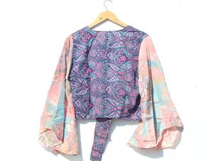 Nouveau haut portefeuille en soie imprimé pour l'été manches cloche haut court robe tunique pour femmes manches longues cloche haut court pour les femmes - Product Image 6