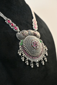 Luxury <b>Oxidized</b> Silver Rani Haar Necklace Women Traditional Indian Ethnic Long Natural Stone Antique Statement Engagement Gift - Product Image 1