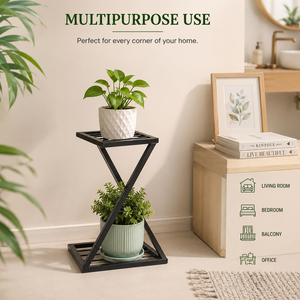 Étagère à plantes en fer noir à 2 niveaux avec étagères à lattes carrées, support moderne à double niveau pour pots de fleurs pour la maison, le balcon, la terrasse - Product Image 4