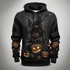 Sweat à capuche pour homme Halloween Citrouille et Arbre, imprimé par sublimation, coupe classique, décontracté, pour l'automne, 100% polyester, design tricoté - Product Image 2