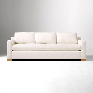 Canapé 3 places en lin blanc bio moderne, style minimaliste, avec coussin de banquette individuelle et pieds bas en chêne naturel - Product Image 2