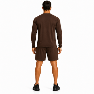 High Quality Men Short <b>Set</b> Plain Stretch Long Sleeve Crew Neck Top Matching Shorts Two Piece Short <b>Set</b> Solid Color Active Wear - Product Image 2