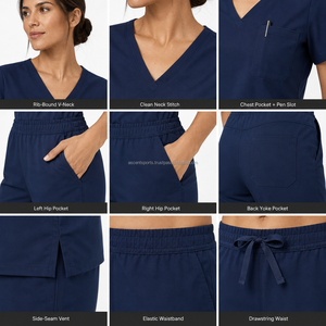 Ensemble de tenue médicale légère en tissu sergé avec taille élastique, cordon de serrage et multiples poches, sans logo, doux et confortable pour le personnel. - Product Image 4