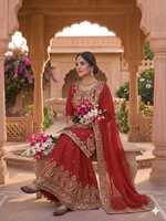 Ensemble Sharara élégant en soie Chinon rouge brodé avec dupatta pour femme, idéal pour mariage, fête, tenue ethnique traditionnelle
