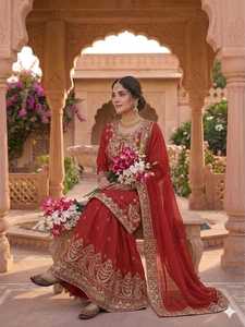 Ensemble Sharara élégant en soie Chinon rouge brodé avec dupatta pour femme, idéal pour mariage, fête, tenue ethnique traditionnelle - Product Image 3