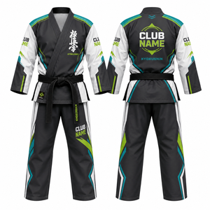Kimono de karaté MEGAMAPLE Club, imprimé par transfert thermique, nom et numéros d'équipe, blanc et bleu, col en V, manches longues, évacuation de l'humidité, respirant - Product Image 1
