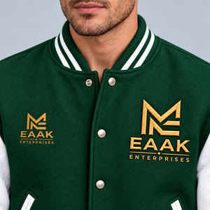 Men's Green Color Block Varsity Jacket <b>Gold</b> Embroidered Logo PU Leather Sleeve <b>Stand</b> Collar Snap Button Windproof <b>Coat</b> - Product Image 6