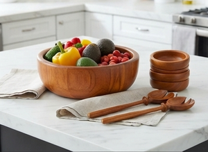 Ensemble de vaisselle en bois artisanal et bol de service, style chinois traditionnel, design rond durable pour un usage quotidien - Product Image 3