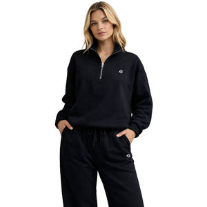 Ensemble sweat-shirt et jogging pour femme, noir, demi-zip, tissu polaire doux, coupe décontractée, vêtements de détente, production en gros OEM - Product Image 2