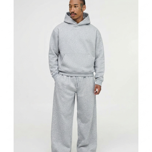 Ensemble survêtement gris chiné pour homme : pantalon de survêtement ample en molleton de coton épais à jambe droite et sweat à capuche – Fabrication sur mesure - Product Image 4