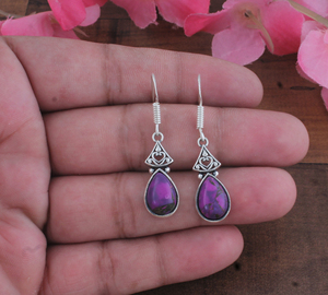 Boucles d'oreilles pendantes vintage en argent sterling, cuivre violet, jade violet, filigrane, forme goutte d'eau, coupe poire, style bohème, pour anniversaire - Product Image 2