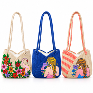 Sac à bandoulière en paille style bohème personnalisable, motifs floraux peints à la main, flamants roses, longues poignées tressées pour femmes, vente en gros - Product Image 2