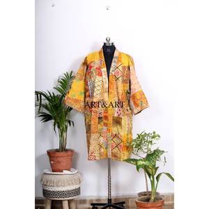 Kimono vintage en soie indienne fait main, style sari Kantha, pour femme, robe patchwork, robe de nuit maxi, robes en coton, kimono - Product Image 2