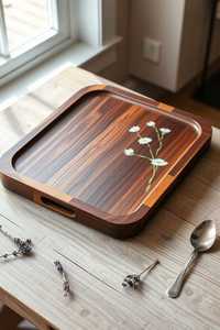 Plateau en bois artisanal avec motif floral complexe, plateau de service polyvalent pour toutes les occasions, en provenance d'Inde - Product Image 4
