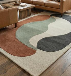 Modern Abstract Wave <b>Block</b> Wool Anti-Slip Medium Pile Area Rug Soft Tufted Cotton Canvas Backing Terracotta Sage Green Cream - Product Image 2