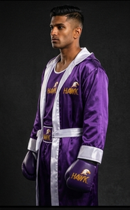 Ensemble de robe de boxe HAWK SPORTS INDUSTRIES MOPK, violet et blanc, satin polyester, robe d'entraînement durable, gants confortables, toutes saisons - Product Image 5