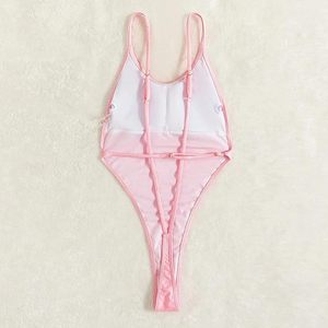 Pink One Piece Swimsuit Women Halter Neck Bandeau Solid Color Stretch Spandex <b>Bikini</b> Swimwear Thong Bottom Regular Fit - Product Image 6
